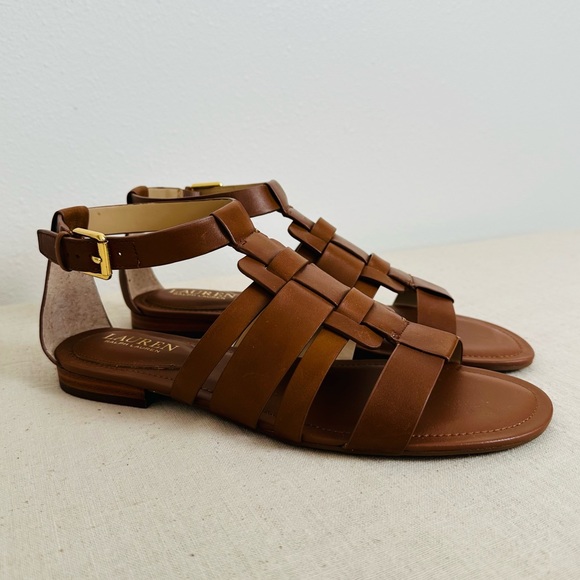 New Ralph Lauren Elianna brown calfskin leather ankle strap woven sandals - Picture 3 of 9